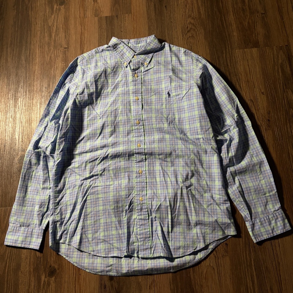 Ralph Lauren Mens Large Blue Green Plaid Button Down Shirt Long Sleeve Pony Logo